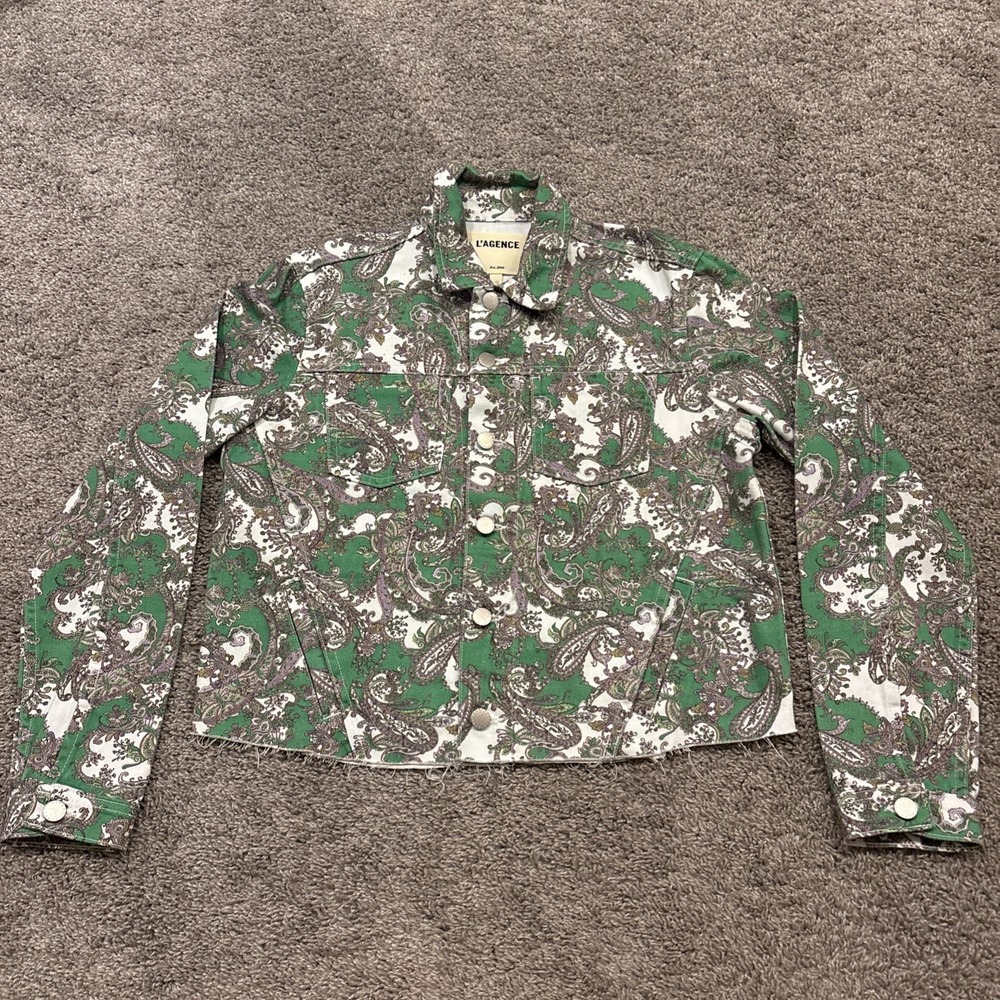 LAGENCE Green Floral Denim Raw Hem Button Up Janice Paisley Jacket Large Rare